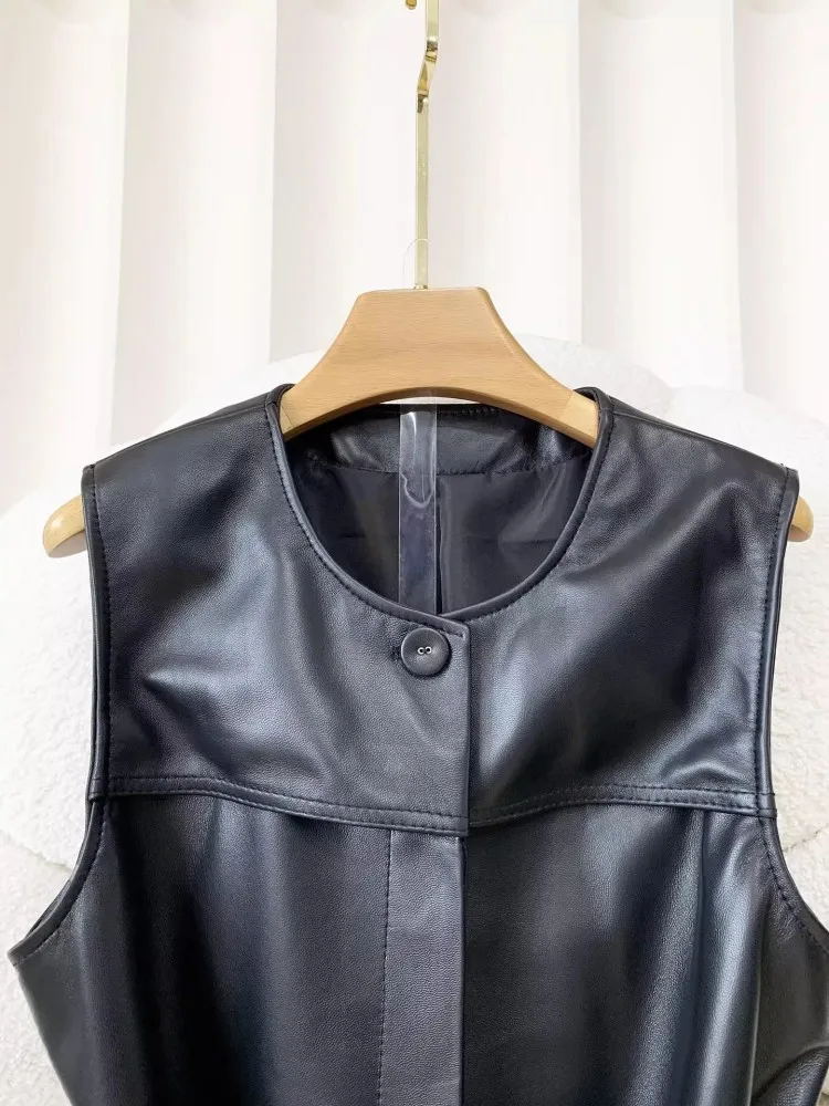 Jesienna Nowa Damska Sukienka Bez Rękawów z Naturalnej Skóry Owczej z Okrągłym Dekoltem, Sukienka na Ramiączkach z Paskiem w Talii, Luźny Krój, Styl Punkowy, Sukienki Codzienne