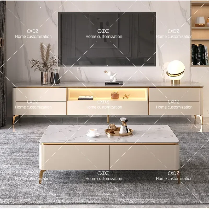 Modern Simple White Rock Slab Coffee Table and TV Cabinet Combination High Footed Floor Cabinet for Living Room High End
