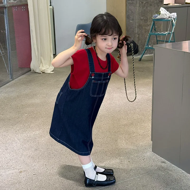 

2025 New Summer Girls' Elegant Cotton Red Button Cowboy Strap Skirt and Red Base T-shirt Two Piece Set