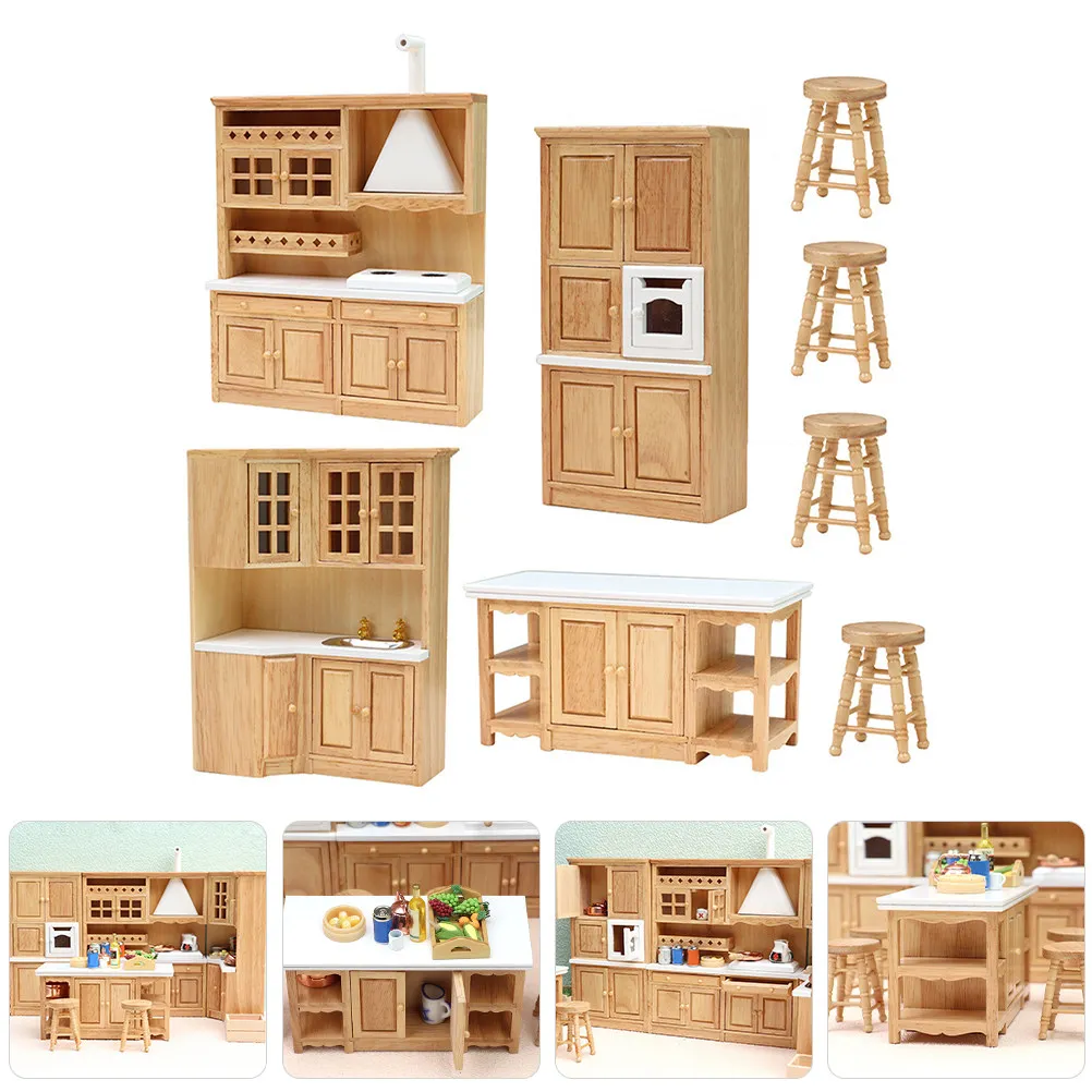 

1Set Exquisite Miniature European Retro Kitchen Furniture Set Natural Wood Dollhouse Decor Fine Crafted Warm Delicate Layout