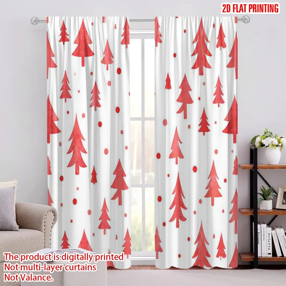 

2pcs 2D flat printing Merry Christmas Curtain Red Christmas Tree White Versatile Fabric Without Electricity Family Party Use for