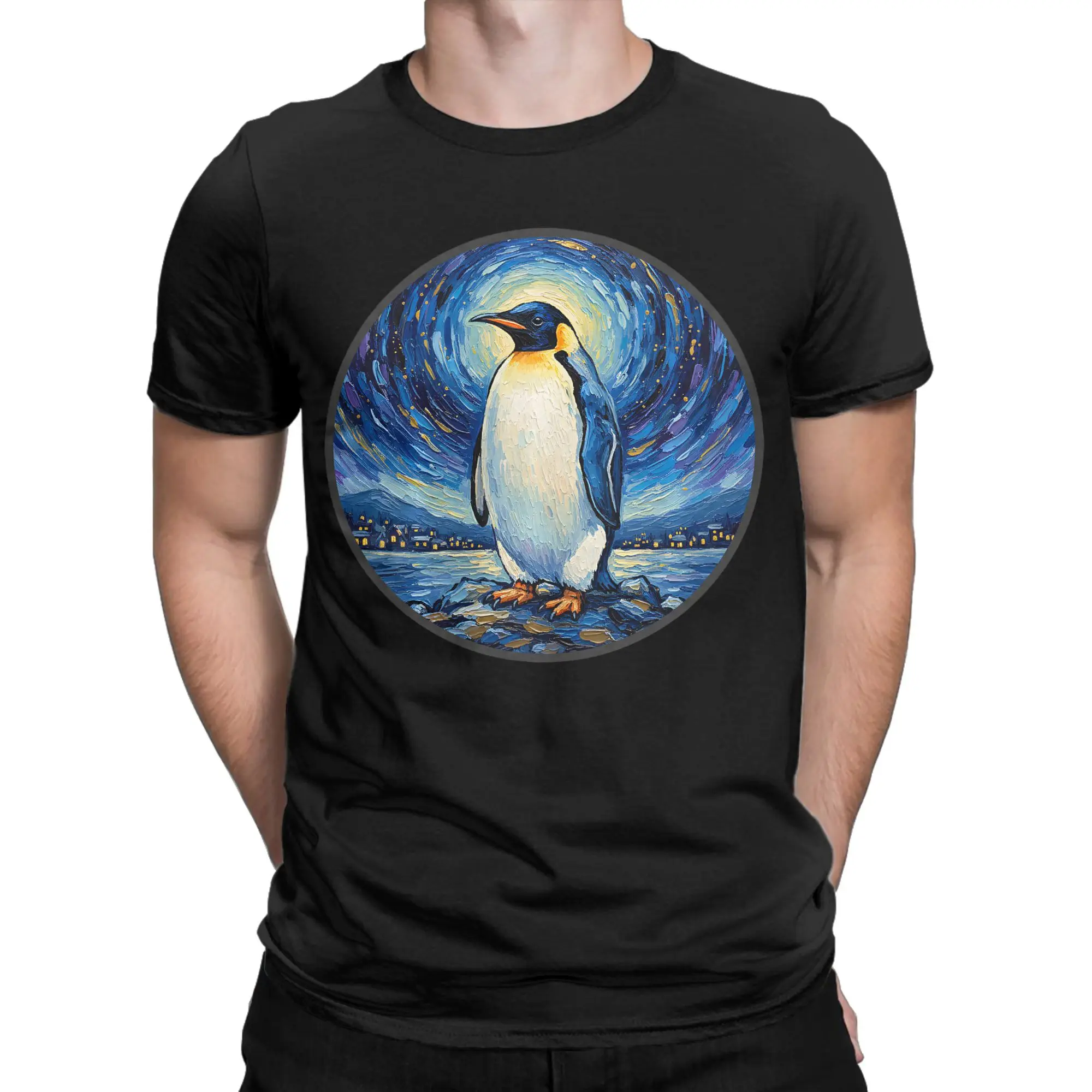 Bird Penguin Starry Night Impression Circle Art T-Shirt Men's  Y2K Casual T-Shirts Summer O Neck Tee Shirt Oversized Clothing