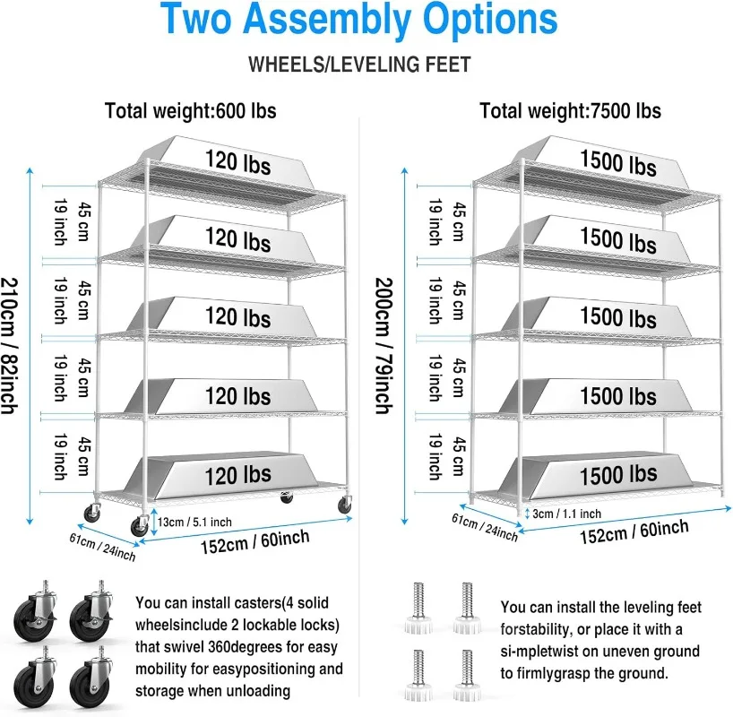 5 Tier 7500lbs Capacity NSF Metal Shelf Wire Shelving Unit, Heavy Duty Adjustable Storage Rack with Wheels & Shelf Liners for Co