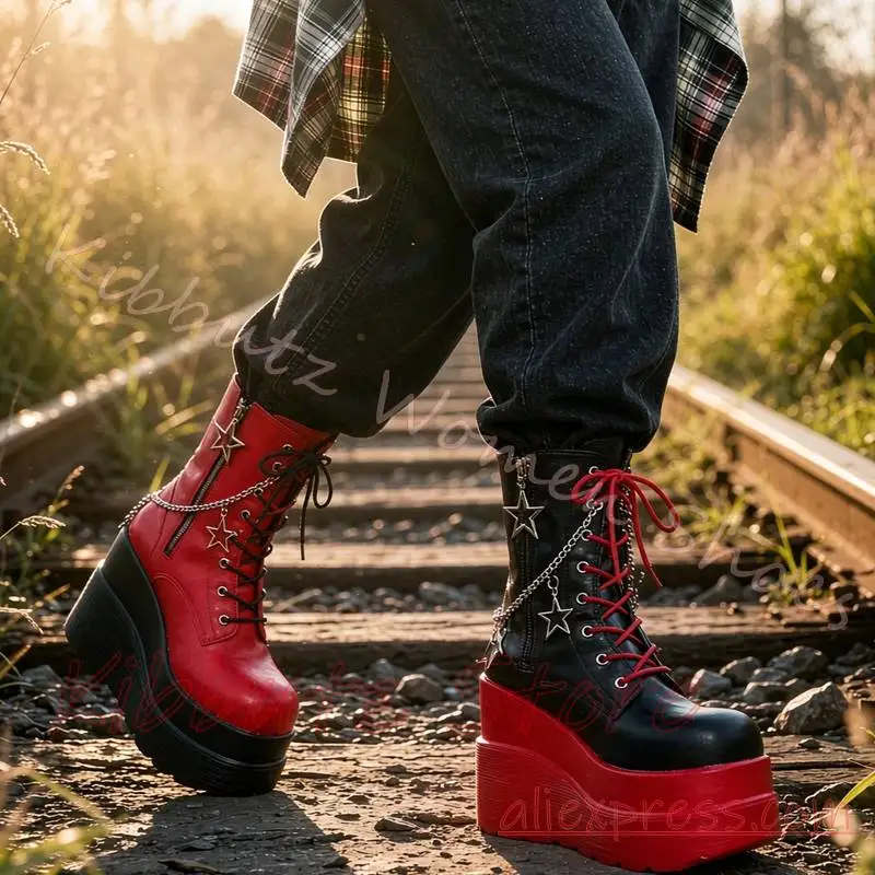 Platform Ankle Boots Women Lace Up Star Chain Charm Side Zip Round Toe Punk Goth Rave Party Streetwear Shoes Mixed Color Fashion