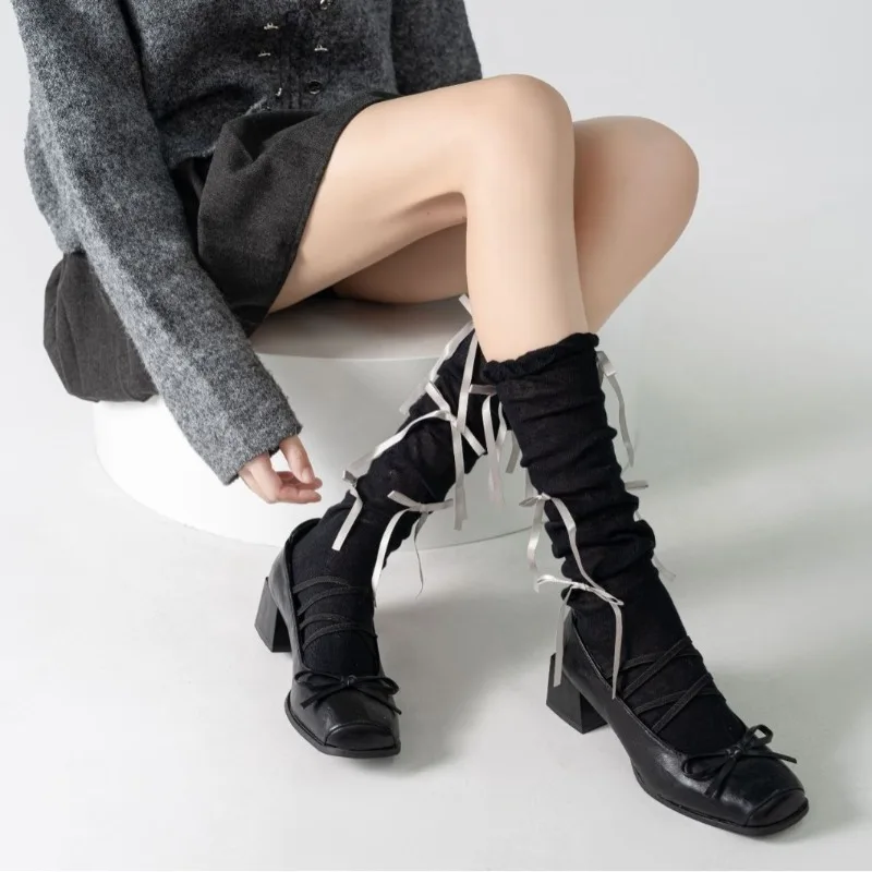 Women Slouch Mid Calf Socks Multi Black Ribbon Bow Stretchy Cotton Sweet Goth Daily Party Mary Jane Shoes Hosiery