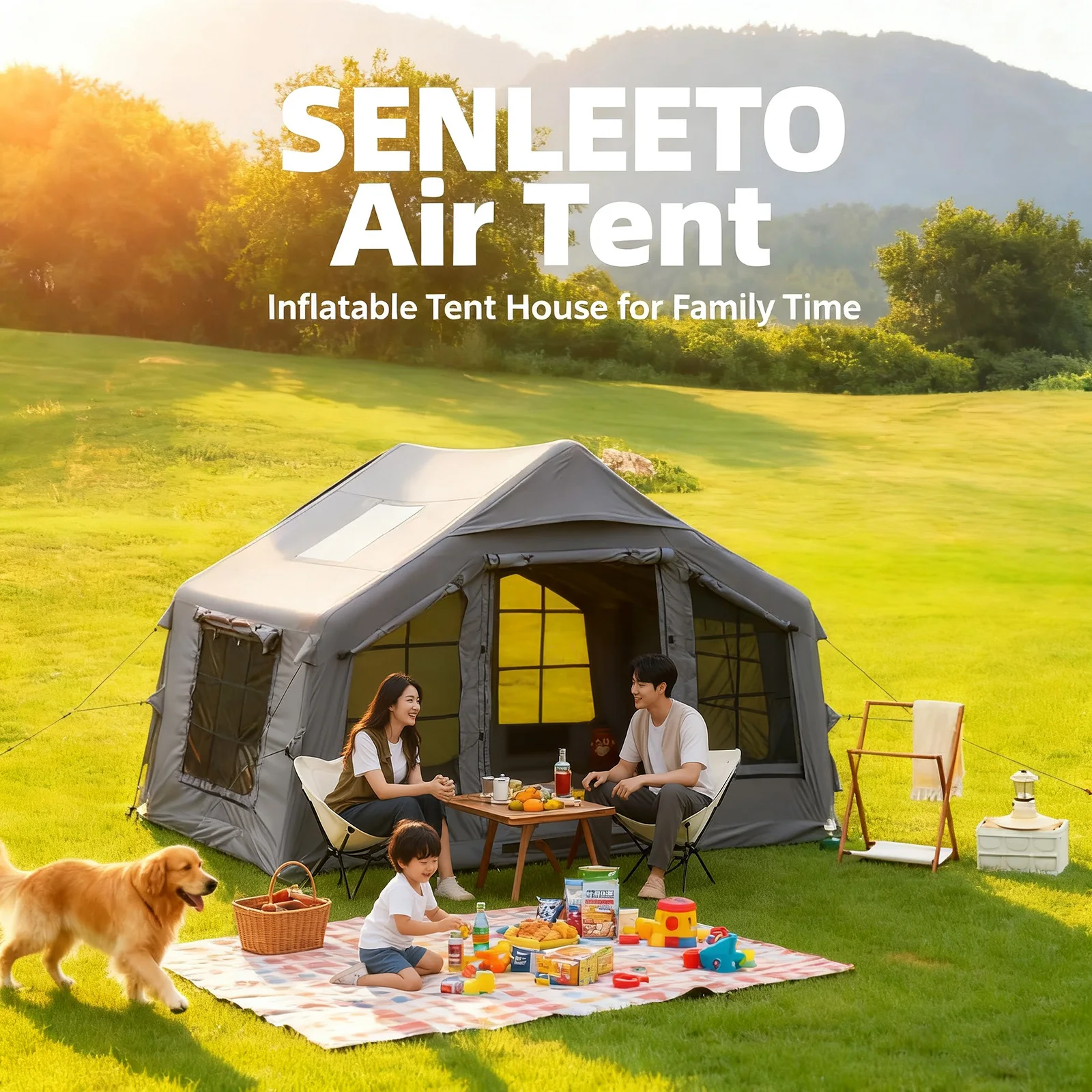 

86 Square Feet² Army Green Inflatable Tent for Camping,3~5 Person Waterproof Oxford Fabric Luxury Air Tent with AC Vent