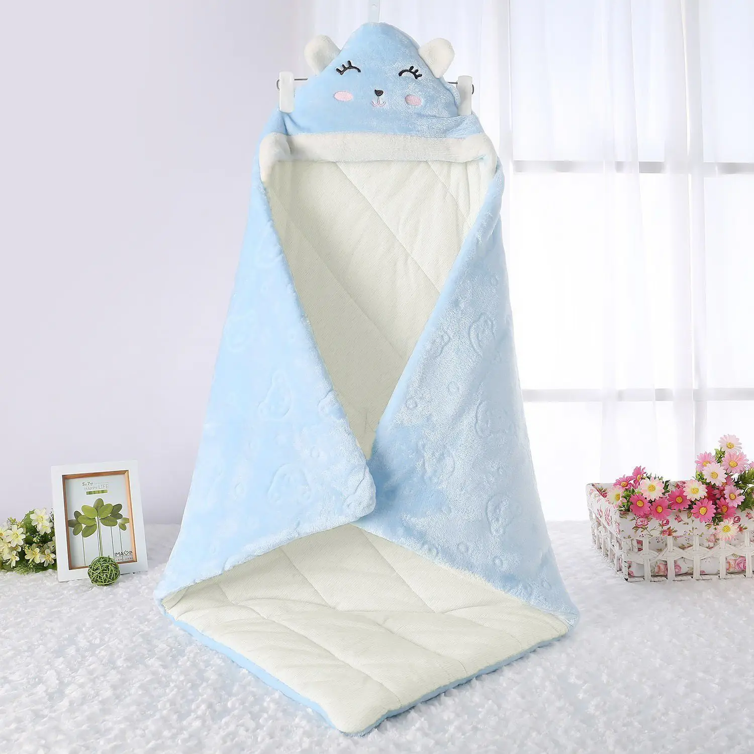 Simple Solid Color Newborn Delivery Room Wrap Towel Autumn Winter Thicken Baby Warm Blanket Children Outing Hooded Wrap Blanket