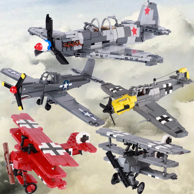 WW2 German US Military Fighter Aircraft Building Blocks Soviet  Army Soldier Figures Fokker DR-1 Plane MOC Model Bricks Kids Toy