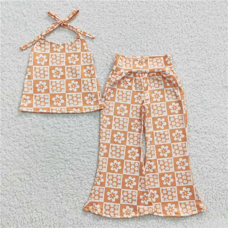 8.08 Wholesale Girls Summer Short-Sleeved Suit Suspenders Multi-Element Striped Geometric Pattern Bell Bottoms