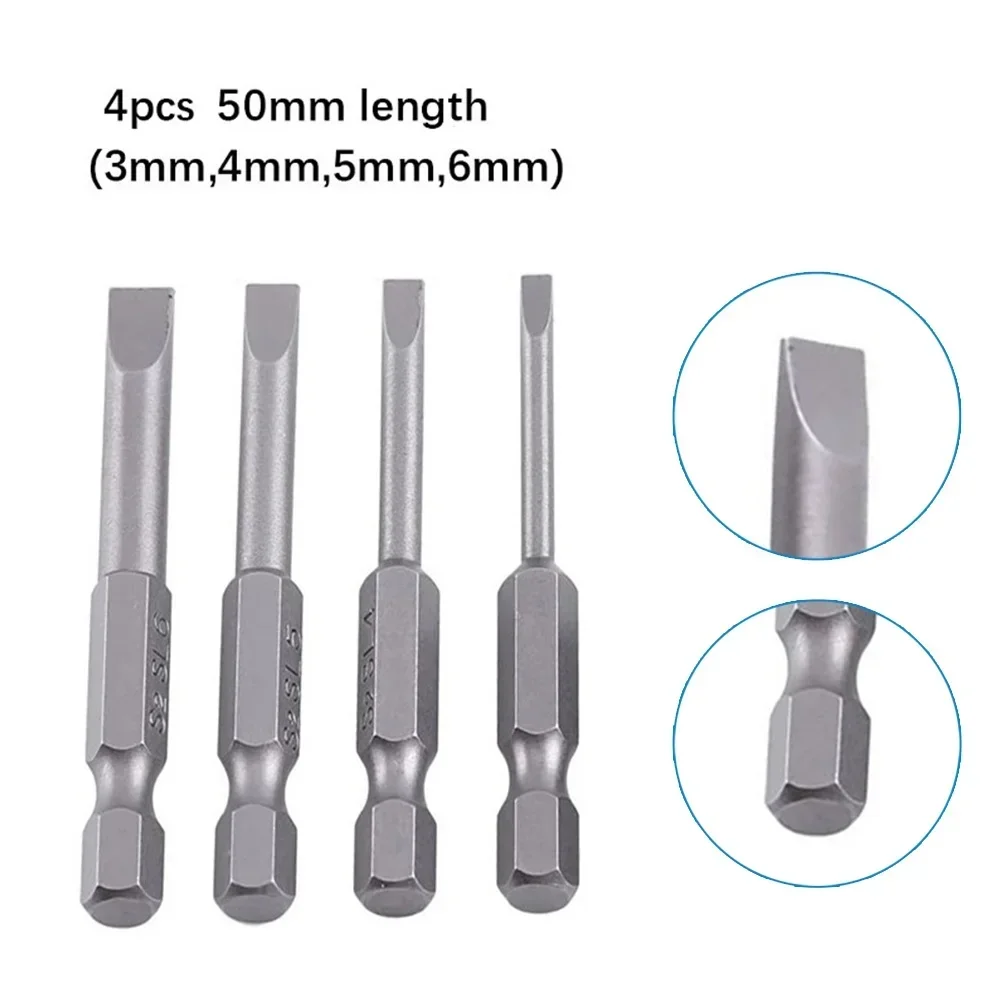 4Pcs 50mm Slotted Screwdriver Bit 3mm-6mm Magnetic Flat Head 1/4in Hex Shank Herramientas De Mano Destornillador