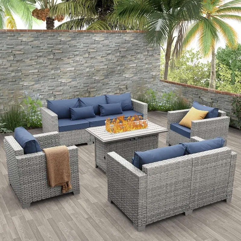 Patio Sectional Sofa Couch Sets Backyard D Patio Furniture Set 5 Piece Grey Wicker Outdoor Furniture with Fire Pit Table