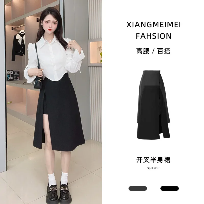 Black Irregular Slit Skirt for Women Summer Mid-length A-line 2023 New High Waist Hip Skirt Harajuku Vintage Women Clothing