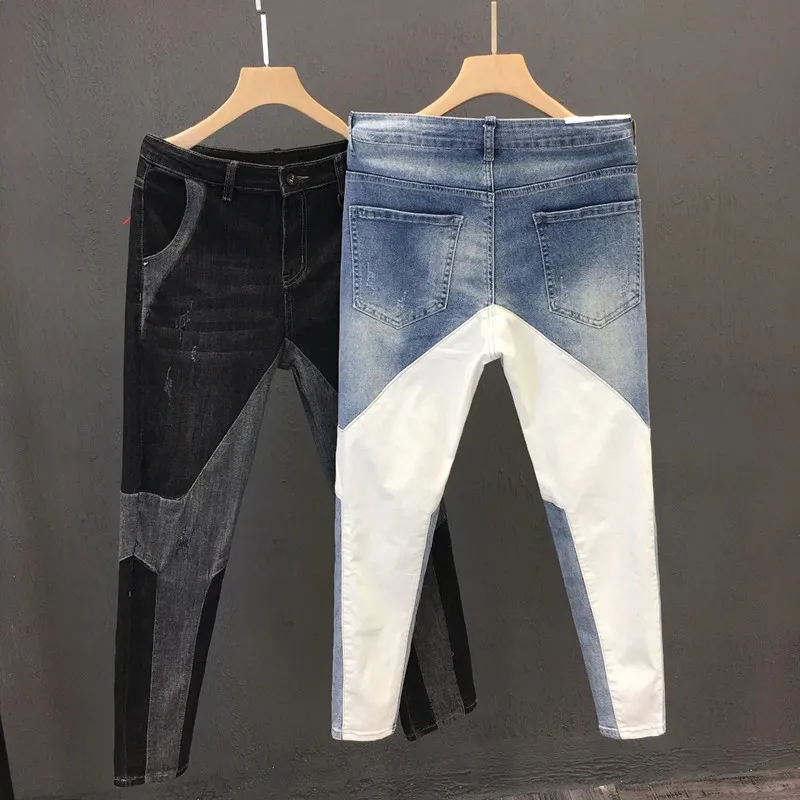 Jeans slim pour hommes, pantalons d'épissage de personnalité, pantalons de printemps et d'été, pantalons de rue coréens, vêtements pour hommes, beau, nouveau, 2024