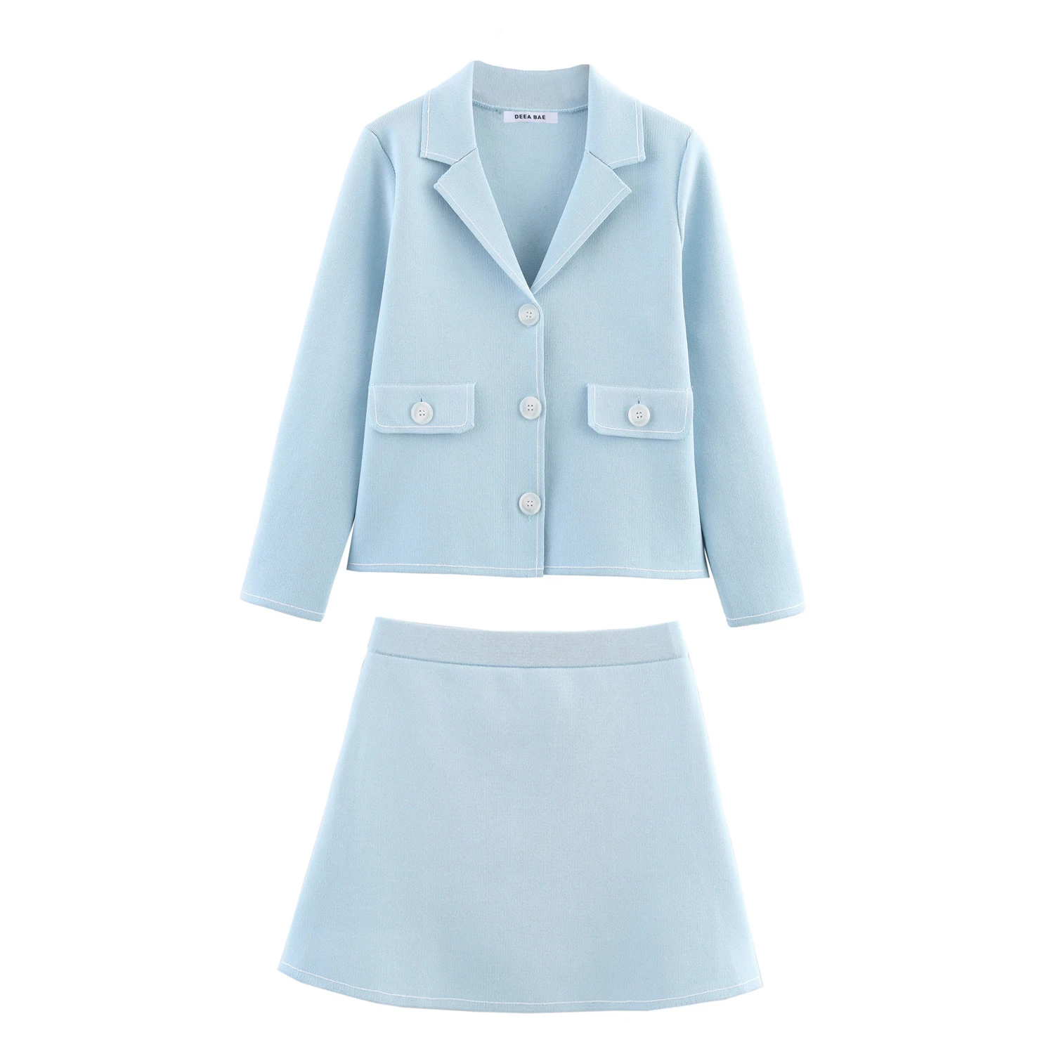 

2026 Spring Women's Clothing with Decorative Edge Collar Long Sleeve Knitted Coat A-line High Waist Knitted Mini Skirt Set