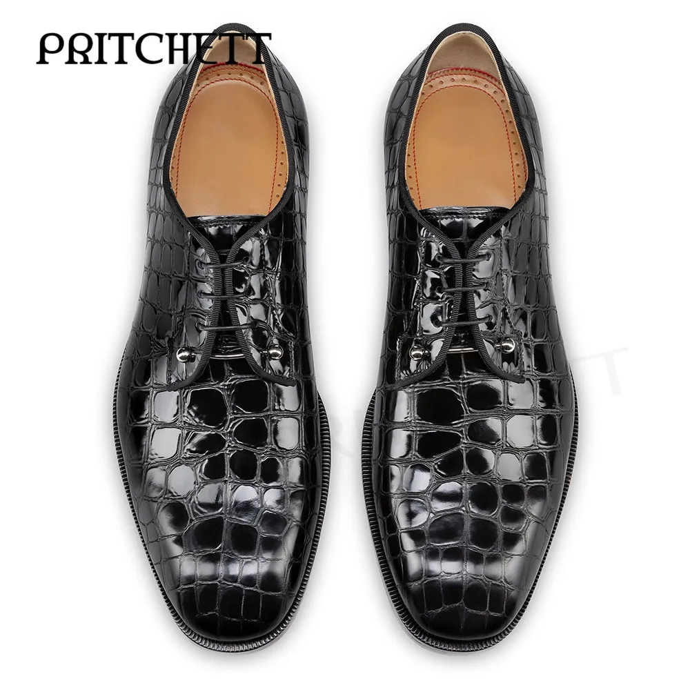 Black Crocodile Embossed Leather Shoes Metal Round Needle Lace-Up Formal Shoes Gentleman Trend Business Large Size Men's Shoes