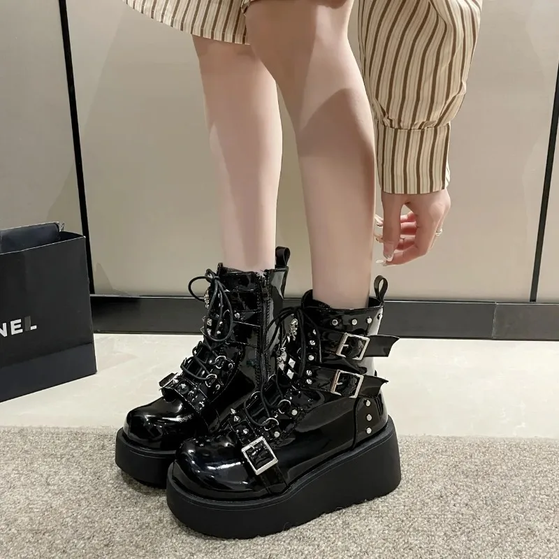 Botas de moto de fondo grueso estilo Punk, zapatos góticos con plataforma para mujer, botines de tacón alto con punta redonda, suela de goma