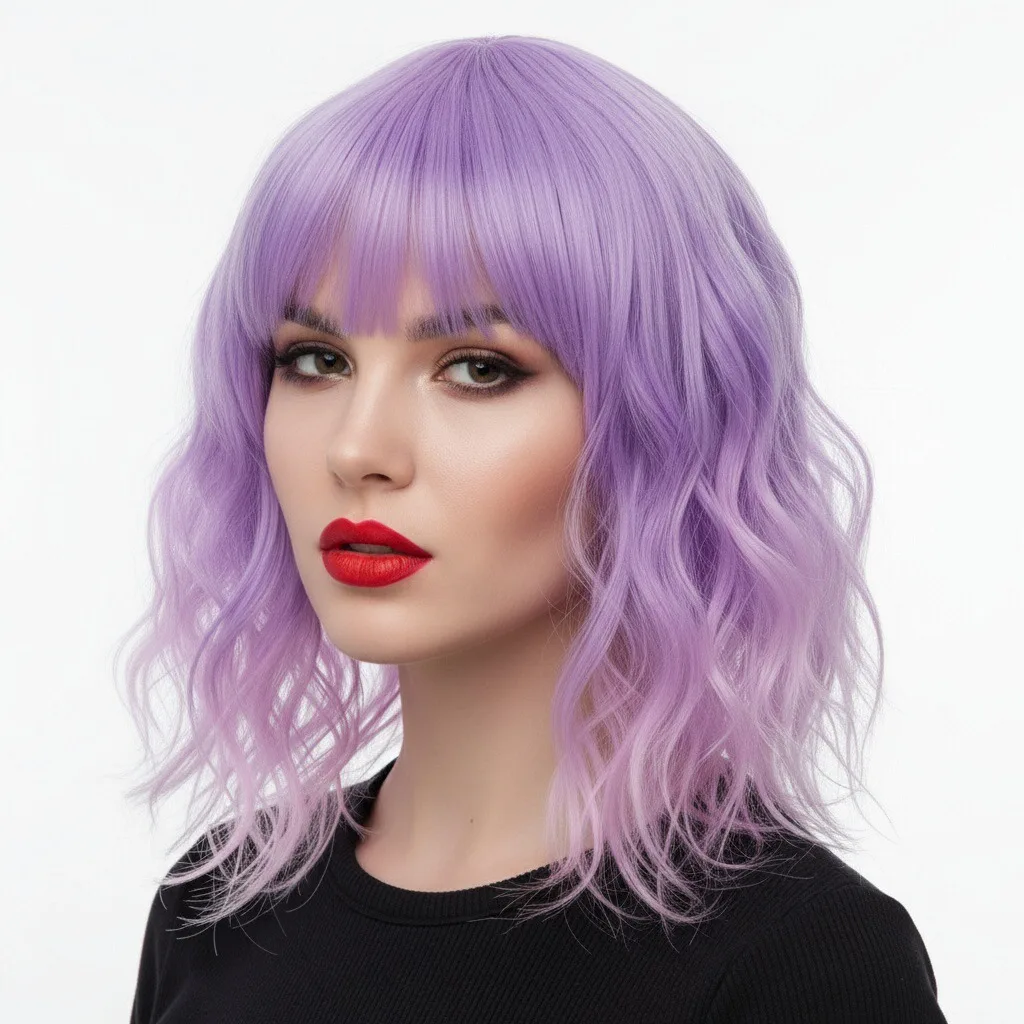 

Heat Resistant Short Wavy Wig With Bang Purple Ombre Pink Women’s Synthetic Natural-Looking for Cosplay Halloween & Casual Glam