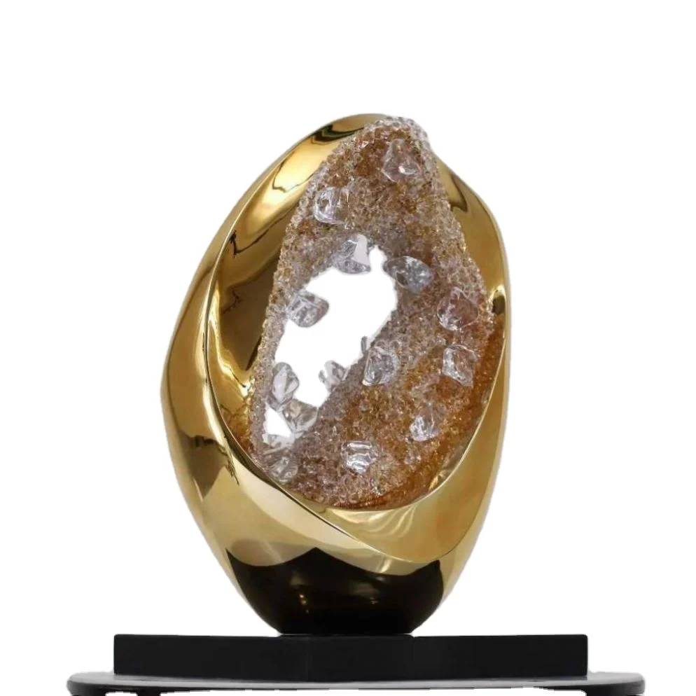 

※h Modern Luxury Gold Fiberglass Abstract Sculpture With Crystal Inlay for Home &Hotel Decor Custom Size