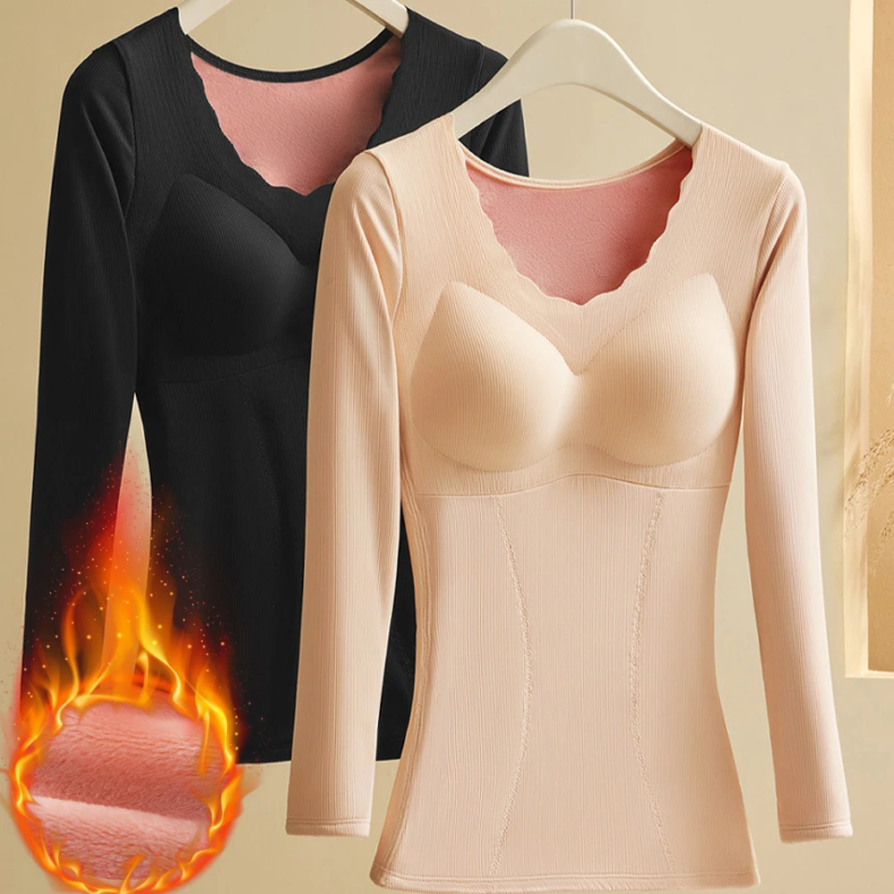 

Женское осенне-зимнее термобелье, рубашка с длинными рукавами, теплая одежда на флисовой подкладке, нижнее белье, топы с бюстгальтером