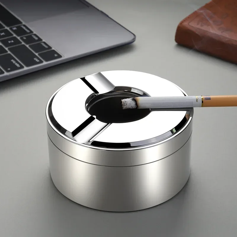 304 Stainless Steel Ashtray with Cover High-end Atmosphere Office Home Living Room Fully Sealed Anti-fly Ash Anti-odor Ashtray