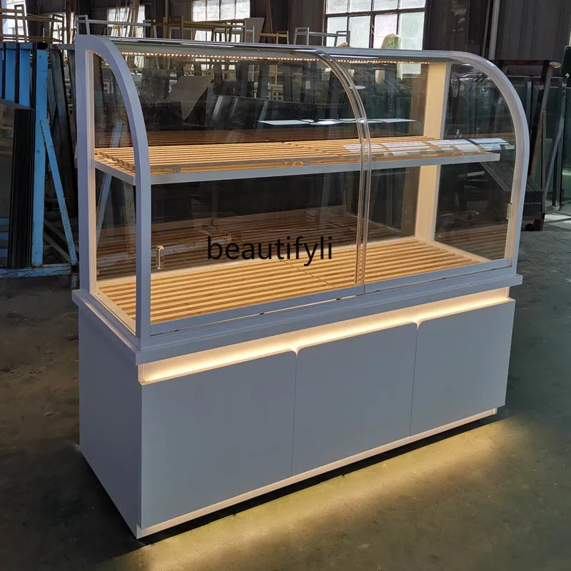 Bread middle island cabinet titanium-plated stainless steel arc middle island cake model cabinet glass