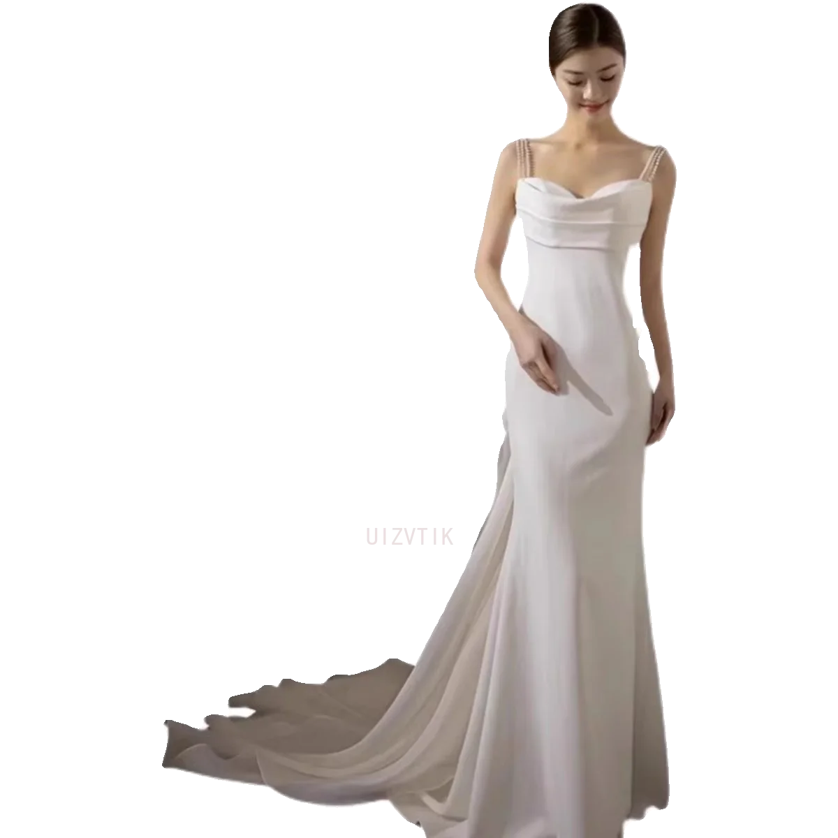 Seksowne suknie ślubne z koralikami Backless kobiety biały satynowy pasek Spaghetti zdjęcia strzelać sukienka Fishtail wstążka ogon suknie ślubne