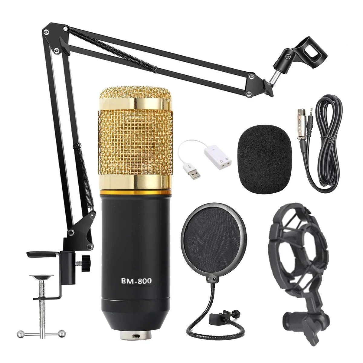 Condenser Microphone Bundle, BM-800 Mic Set for Studio Recording & Broadcasting (Microphone Kit Black+Gold)