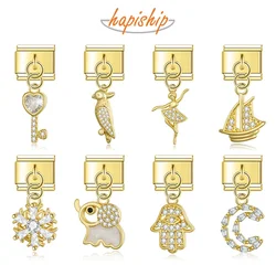 Hapiship 2024 Italian Charms Links Fit 9mm Stainless Steel Bracelet Fashion Women's Moon Key Sailboat CZ DIY Jewelry Gift DJ1283