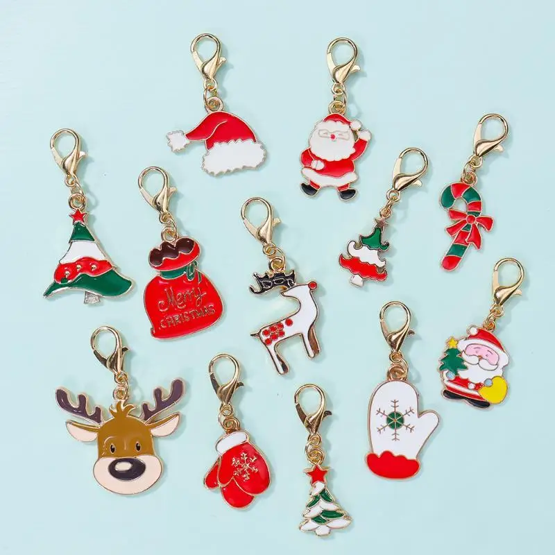 -10Pcs Mixed Christmas Theme Keychains Clip-on Pendant Xmas DIY Making Pendants Necklaces Earrings Bracelets Handmade Jewelry