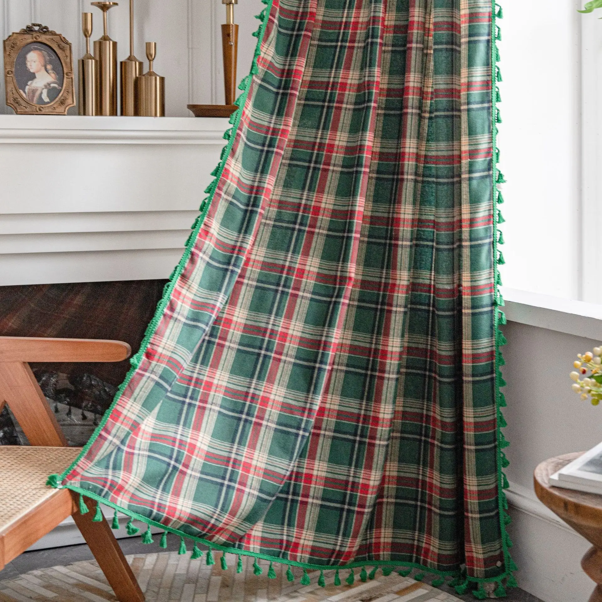 

Christmas Window Curtain Red Green Plaid Cotton and Linen Curtains American Retro Country Style Valance Curtains For Kitchen