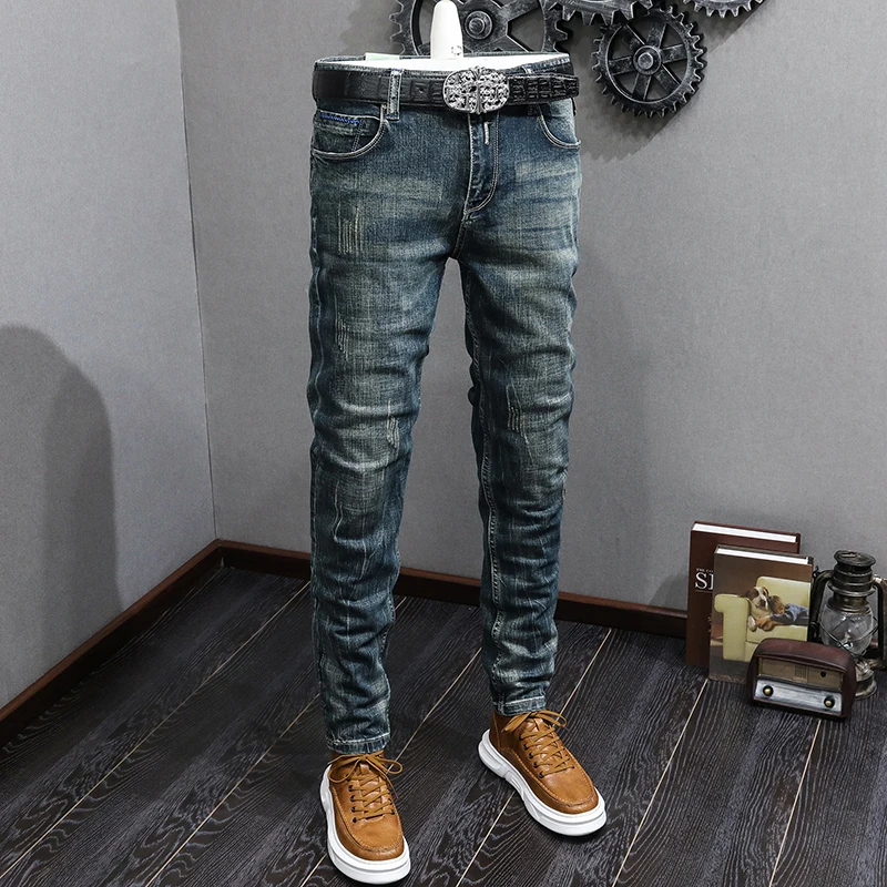 

Italian Style Fashion Men Jeans Retro Washed Blue Stretch Slim Fit Ripped Jeans Men Embroidery Designer Vintage Denim Pants