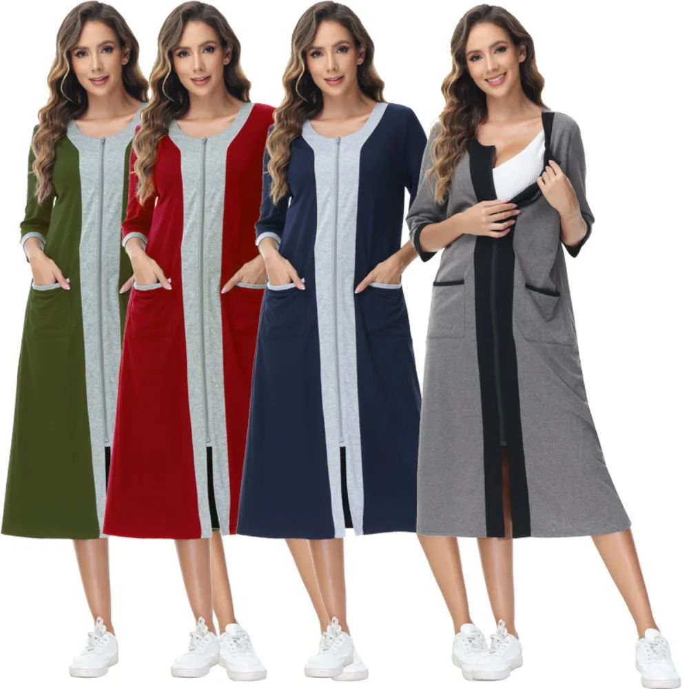 

Новая европейская и американская длинная вязаная женская карманная осенне-зимняя ночная рубашка большого размера на молнии