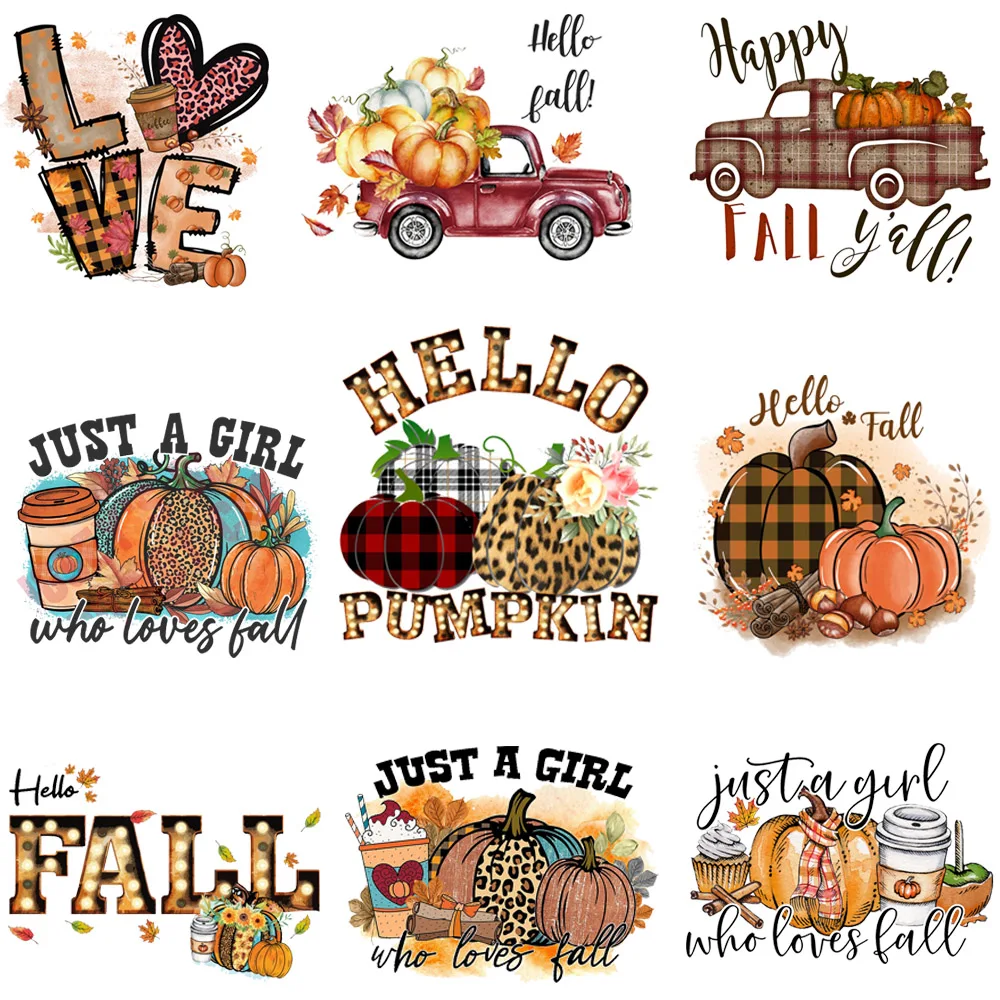 Pumpkin Truck Heat Transfer Iron Sticker DIY Clothes Backpack Print Kids Hoodie T-Shirt Pillowcase Patch Autumn Decoration Gifts