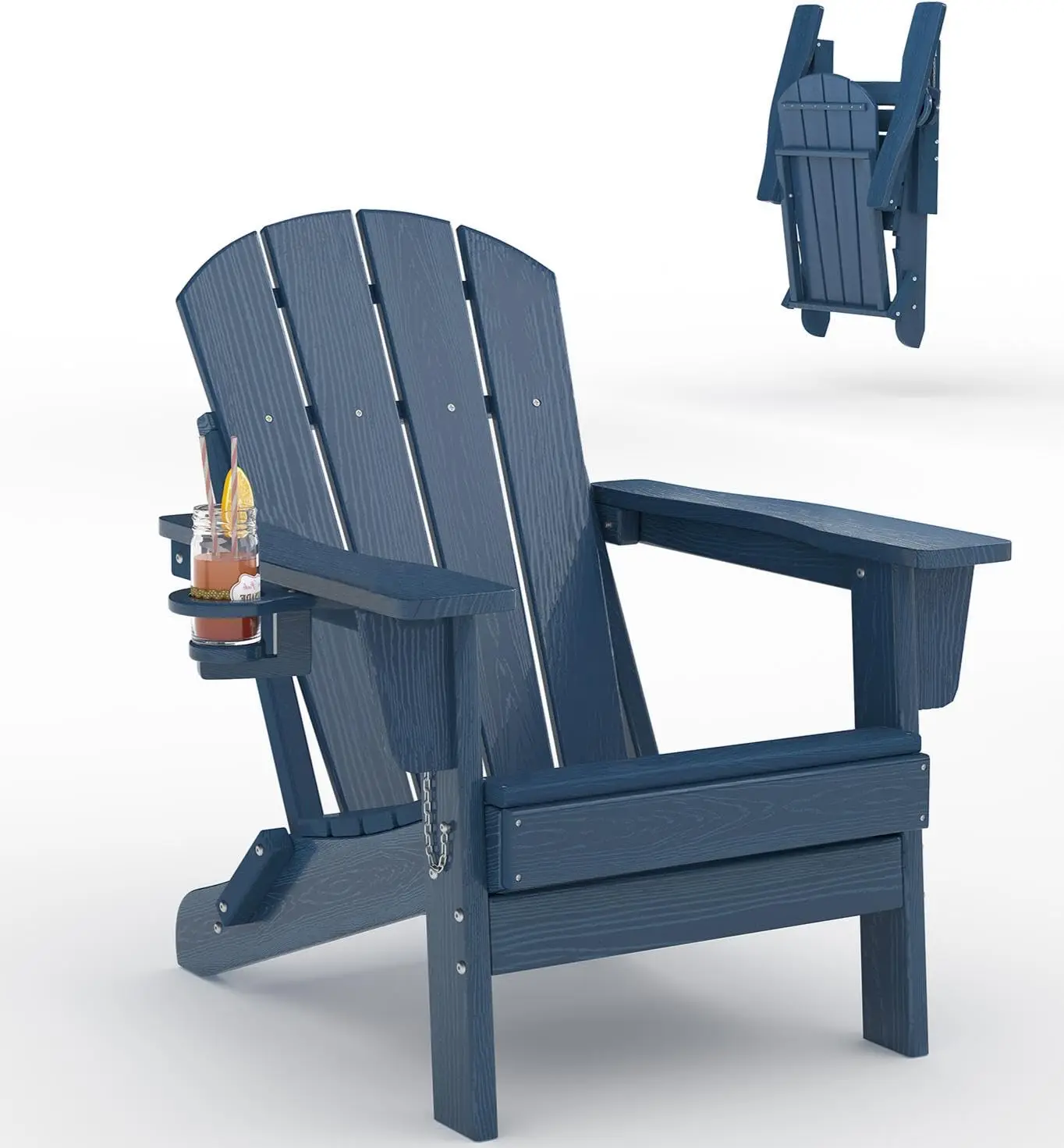 1 PC Folding Adirondack Chair, All-Weather HDPE Outdoor Chair, Wooden Textured with Cup Holder for patios, Decks, Gardens, Fire Pits