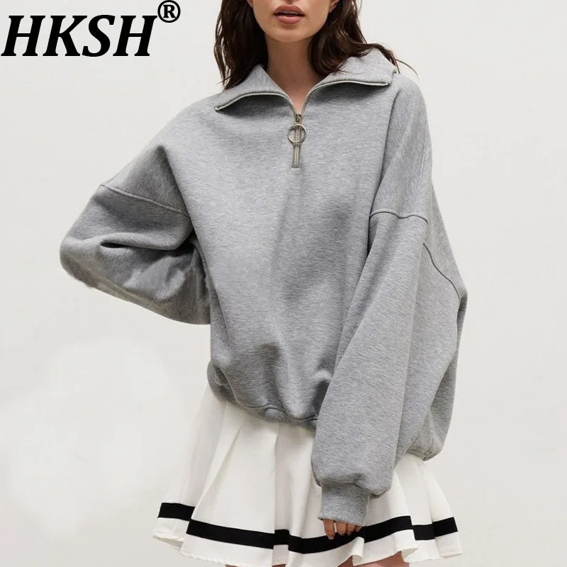 

HKSH осенний новый женский свитшот с отложным воротником на полумолнии, однотонный, с длинными рукавами, модные элегантные повседневные топы HK15682