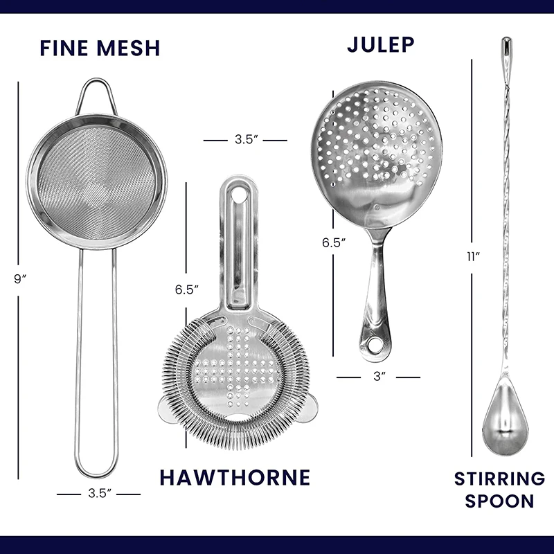 Cocktail Strainers Set, Stainless Steel Bar Tools with Stirring Spoon, Hawthorne/Julep/Fine-Mesh Strainer & Optional Jigger