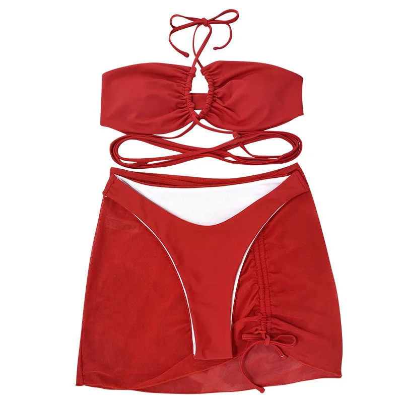 2023 New 3 Pieces Set Swimsuit Women High Waist Swimwear Sexy Lace Up Micro Bikini Set With Skirt Solid Beachwear Bathing Suit