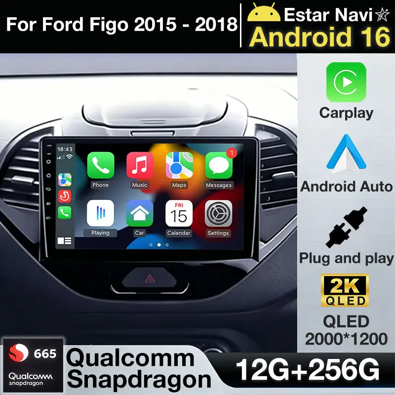 Radio para Auto Android 16 con GPS, Carplay, Android Auto, Reproductor Multimedia, Video, DSP, Navegación, Unidad Principal Estéreo para Ford Figo 2015-2018