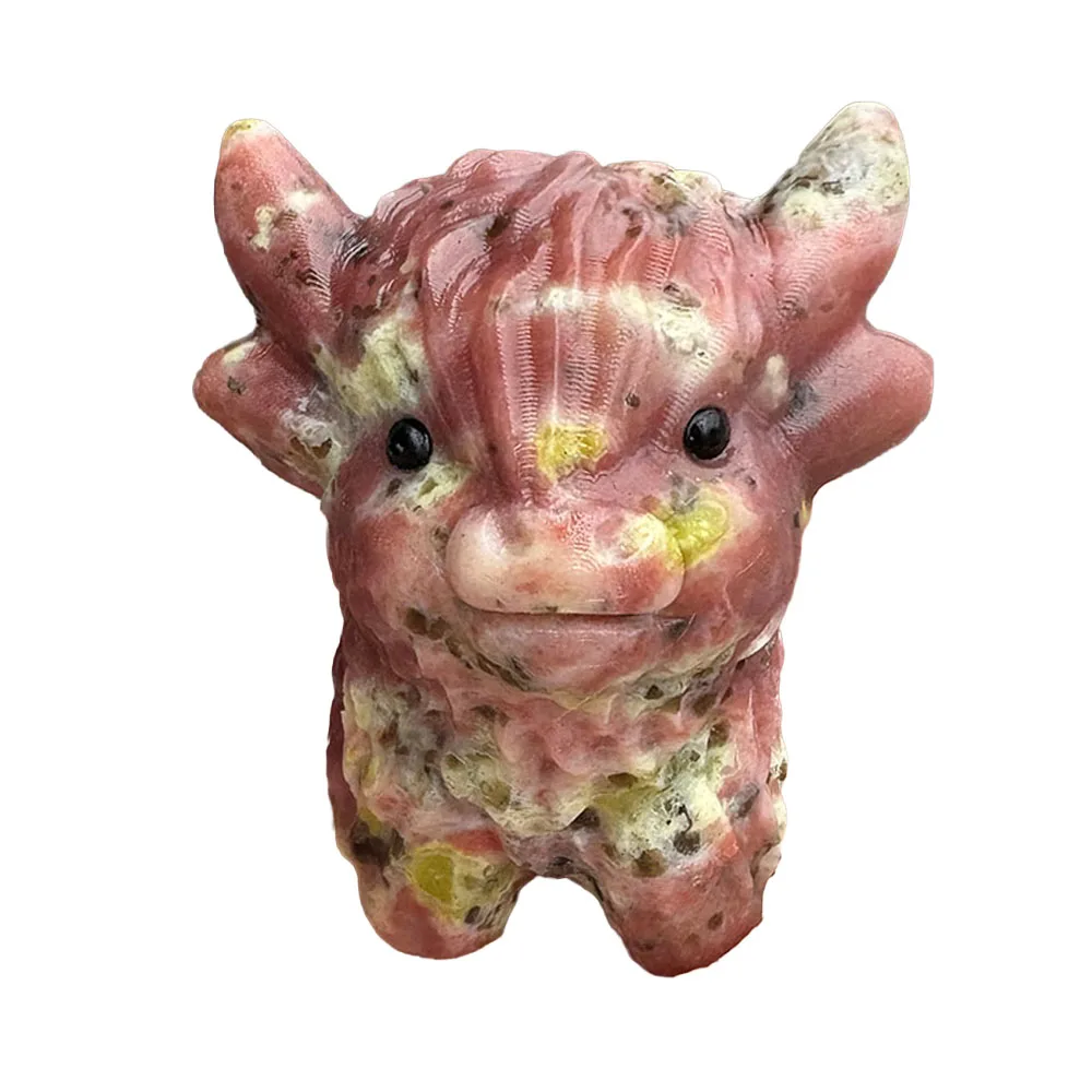 Peach Blossom Stone Highland Cow Figurine - 8cm Hand-Carved Crystal Farm Animal Statue with Inlaid Eyes for Collectible De