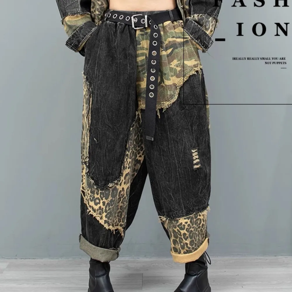 

Personalized Leopard Print Patchwork Vintage Denim Harem Pants Women 2024 Autumn LX1912