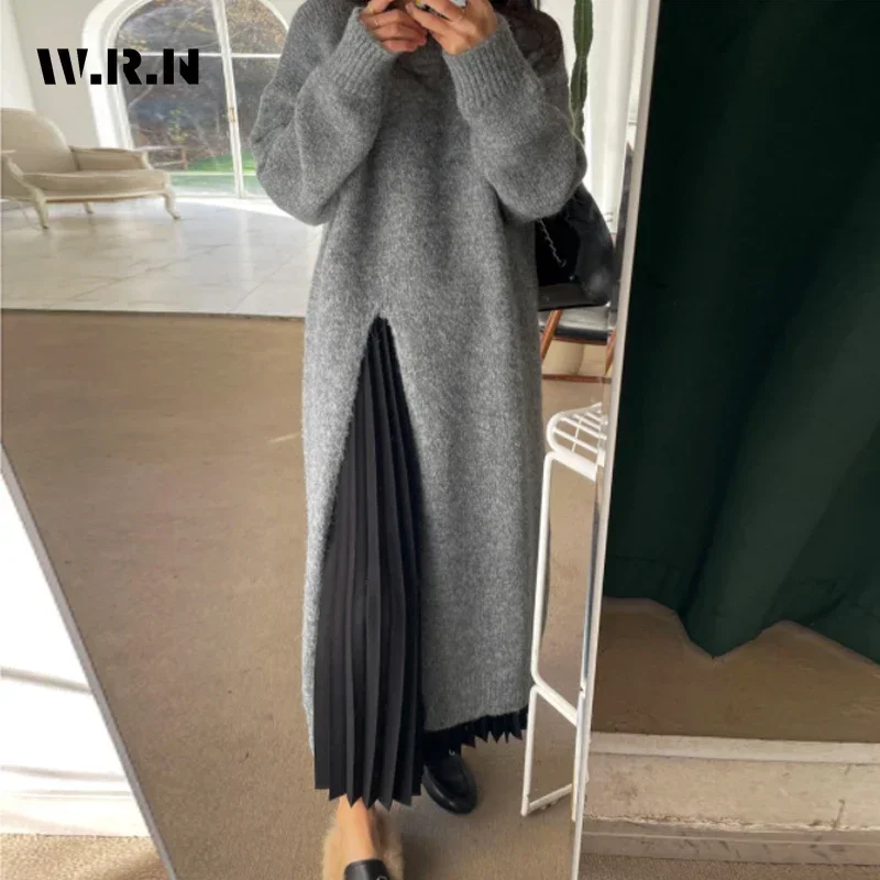 2024 Winter Elegant Sexy White O-neck  Long White Split Pullovers Women Chic Coquette Solid Color Oversized Knitted Dresses