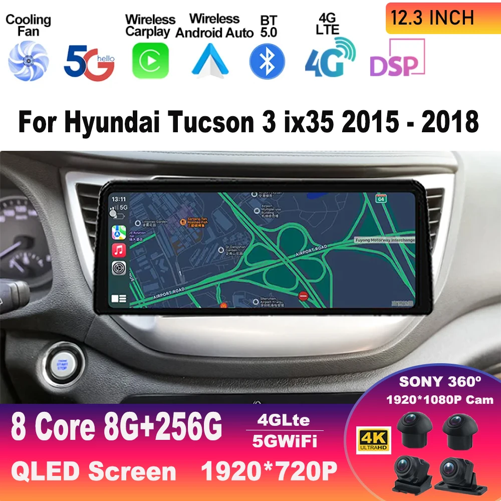 

12,3-дюймовый Android 13 для Hyundai Tucson 3 IX35 2015-2018 автомобильный радиоприемник мультимедийный видеоплеер навигация GPS Carplay Android Auto