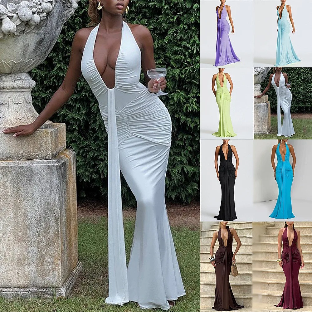 Elegant Halter Deep V Waist Cutout Backless Mermaid Evening Dress Maxi Dresses Spring Summer