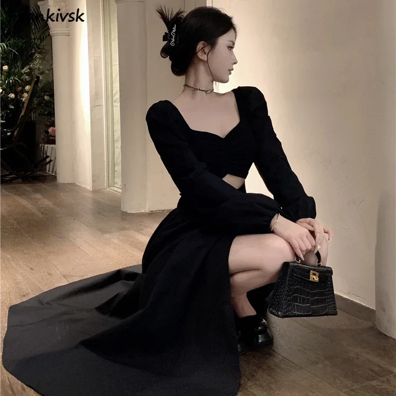 Long Sleeve Dresses Women Maxi Vestidos Hollow Out Spring Elegant Classic Personality Solid Chic French High Street Clothes New