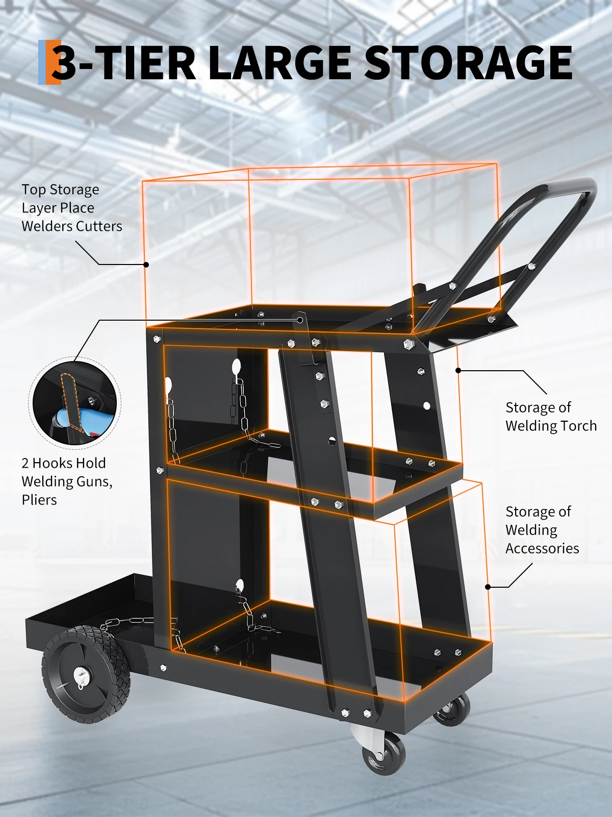 Welding Cart, 3-Tier Heavy Duty Welder Cart with 400 Lbs Load Capacity, Rolling Metal Utility Cart with 360° Swivel Wheels for TIG, TIG, MMA, Plasma Cutter Welding Machine