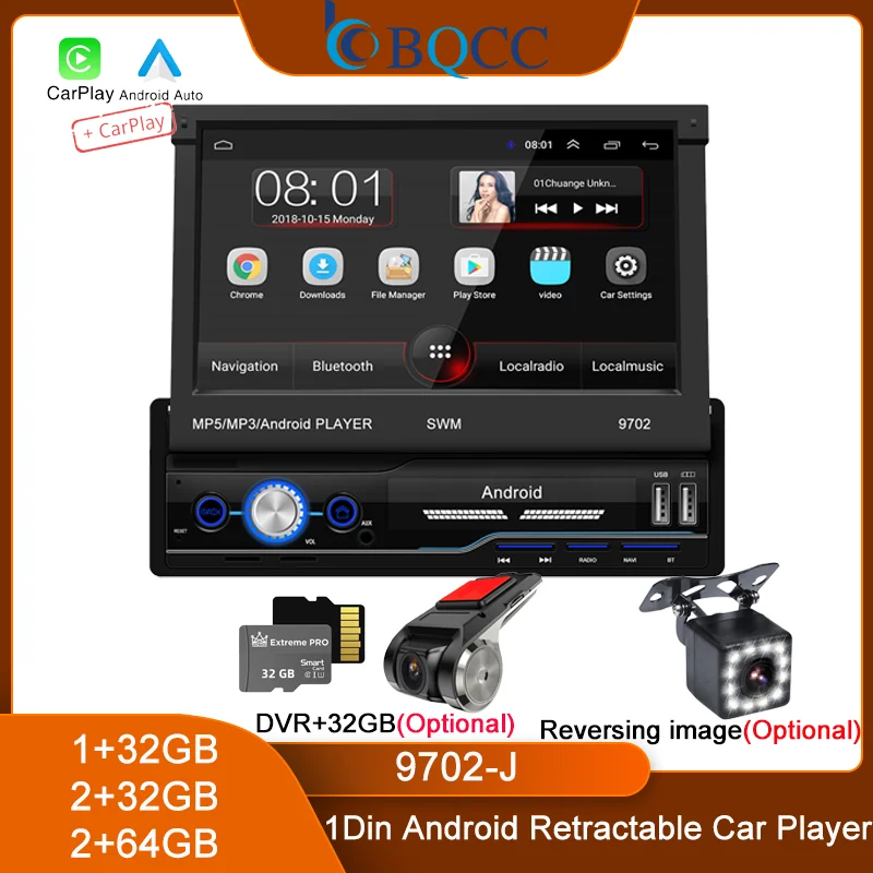 BQCC 7“ 1Din HD Retractable Android 13 Car Player WIFI GPS Mirrorlink Split Screen BT Wireless Carplay Android Auto car radio