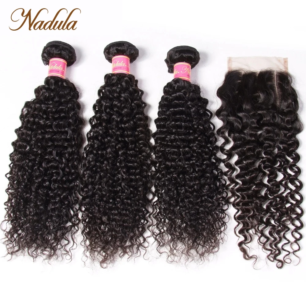 Nadula ผมและปิดอินเดีย Curly Hair 3 ชุดกับ 4*4 ปิดลูกไม้ฟรี/ กลาง/สามส่วน Remy ผม