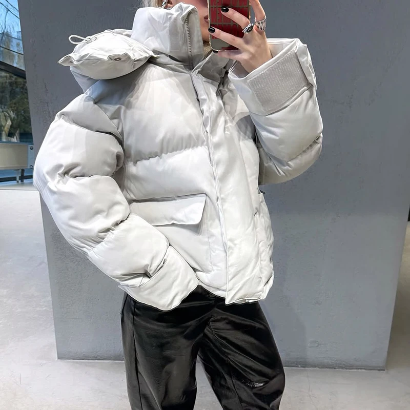 Kapuzenjacke mit Großen Taschen, Übergroße Gefütterte Jacken für Damen, Street-Style, Stehkragen, Lange Ärmel, Reißverschluss, Einfarbig, Lose Pufferjacken, Neue Oberbekleidung – Detail 17