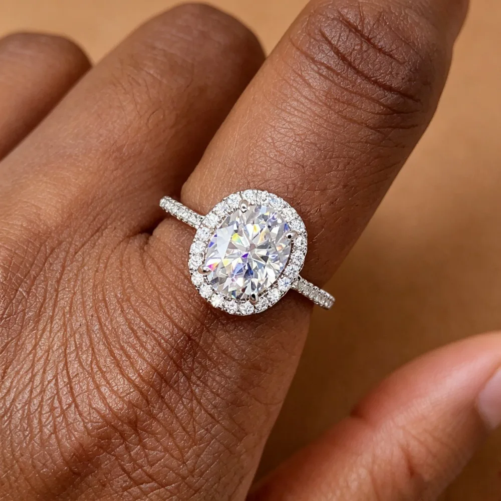 FEOBUR 1/3/5ct Green Oval Moissanite Halo Ring for Women Luxury Jewelry Gift S925 Sterling Silver Lab Diamond Wedding Band