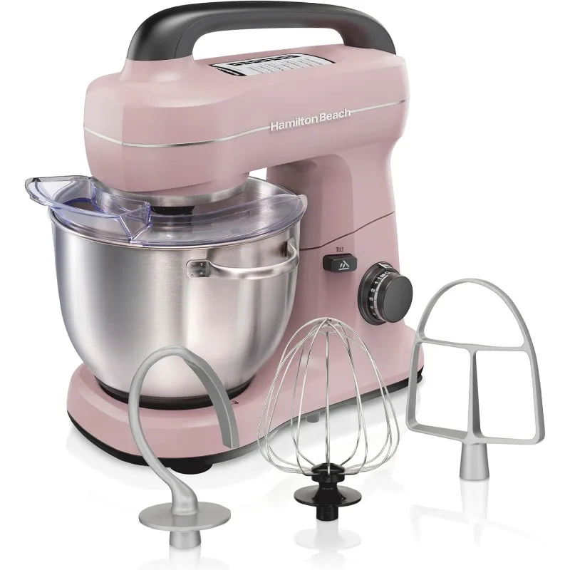 

Hamilton Beach Electric Stand Mixer, 4 Quarts, Dough Hook, Flat Beater Attachments, Splash Guard, 7 Speeds with Whisk, Pink